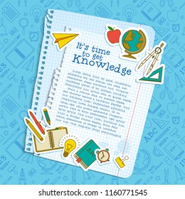 Back to school background with text paper sheets supplies on blue line icons seamless pattern vector illustration