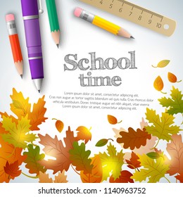 Back to school background with text realistic pen pencils ruler and maple oak aspen leaves vector illustration