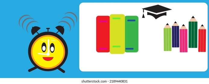 Back to school background there is an alarm clock, book, and pencil icon.For There is a blackboard with book, pencil, alarm clock.