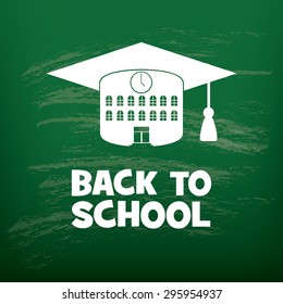 Back to school background. University building. Student hat. Green chalkboard. Eps10 vector illustration.