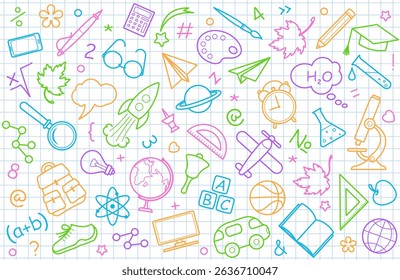 Back to school. School background with various icons of education and stationery. Symbols and signs on sheet of exercise book. Seamless pattern. Textile, wrapping paper and website design. Isolated.