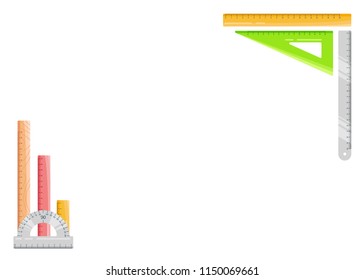 Back to school background with various kinds of rulers and place for the text. Flyer or announcement design template. Vector illustration.