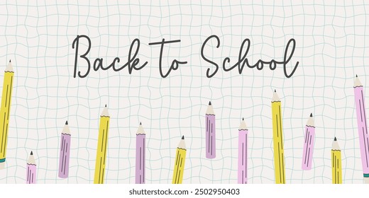Fondo de vuelta a la escuela con varios lápices. Anuncio temático de Educación. Ilustración vectorial de diseño plano dibujado a mano.