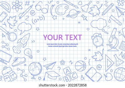 Back to school. School background with various symbols and signs on a sheet of exercise book. Banner design. Vector illustration