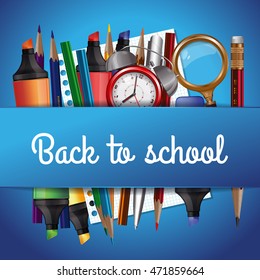 Back to school background with various school tools on a blue background. Vector illustration