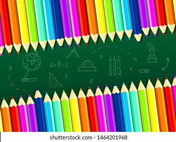 Back to school. Background vector banner with space for text and school items in green backgrounds. Vector illustration.