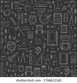 Back to school background vector illustration. School supplies on black background.