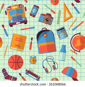 Back to school background. Vector Illustration. Back to school seamless pattern on notebook sheet in a cage. High school object college items.