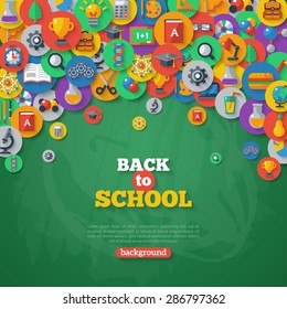 Back to School Background. Vector Illustration. Flat Icons in Circles on Chalkboard Textured Backdrop. Education Concept. Arts and Science.