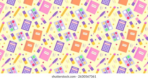 Back to school background, vector pattern with colorful school items. Pastel stationery scattered in playful design.