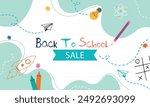 Back to school background. Welcome kids template. Education banner, poster design. Student art. Study day concept. School, preschool supplies items. Discounts on september 1st. Vector illustration.