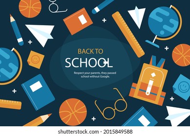 Zurück zum Schulhintergrund. Willkommen Kinder Vorlage. Bildungsbanner, Plakatdesign. Studentenkunst. Study Day Konzept. Schule, Vorschule liefert Gegenstände. Ermäßigungen am 1. September. Vektorgrafik.