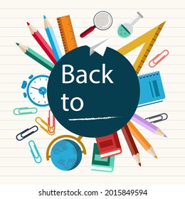 De vuelta a la escuela. Plantilla de bienvenida para niños. Cartel educativo, diseño de afiches. Arte estudiantil. Concepto del día de estudio. Escuelas, preescolares proveen artículos. Descuentos a 1 de septiembre. Ilustración vectorial.