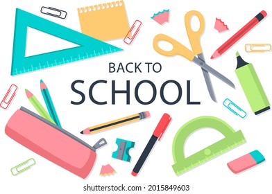 Zurück zum Schulhintergrund. Willkommen Kinder Vorlage. Bildungsbanner, Plakatdesign. Studentenkunst. Study Day Konzept. Schule, Vorschule liefert Gegenstände. Ermäßigungen am 1. September. Vektorgrafik.