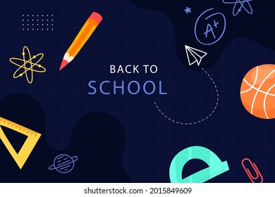 Back to school background. Welcome kids template. Education banner, poster design. Student art. Study day concept. School, preschool supplies items. Discounts on september 1st. Vector illustration.