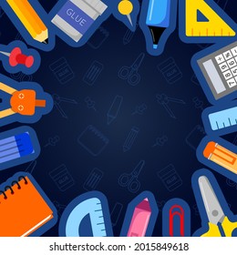 Back to school background. Welcome kids template. Education banner, poster design. Student art. Study day concept. School, preschool supplies items. Discounts on september 1st. Vector illustration.