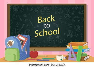 Back to school background. Welcome kids template. Education banner, poster design. Student art. Study day concept. School, preschool supplies items. Discounts on september 1st. Vector illustration.