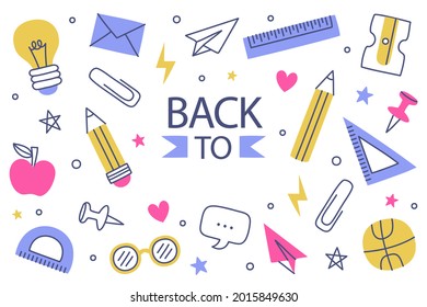 Back to school background. Welcome kids template. Education banner, poster design. Student art. Study day concept. School, preschool supplies items. Discounts on september 1st. Vector illustration.