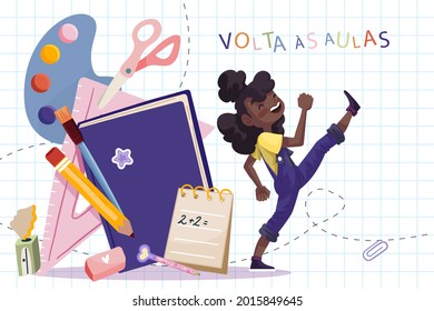 De vuelta a la escuela. Plantilla de bienvenida para niños. Cartel educativo, diseño de afiches. Arte estudiantil. Concepto del día de estudio. Escuelas, preescolares proveen artículos. Descuentos a 1 de septiembre. Ilustración vectorial.