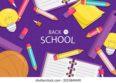 Zurück zum Schulhintergrund. Willkommen Kinder Vorlage. Bildungsbanner, Plakatdesign. Studentenkunst. Study Day Konzept. Schule, Vorschule liefert Gegenstände. Ermäßigungen am 1. September. Vektorgrafik.