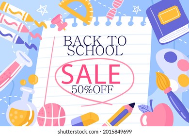 Back to school background. Welcome kids template. Education banner, poster design. Student art. Study day concept. School, preschool supplies items. Discounts on september 1st. Vector illustration.