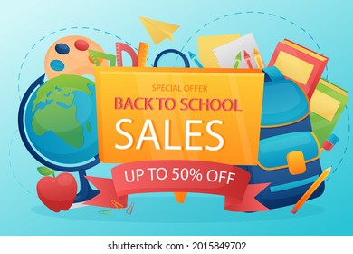 De vuelta a la escuela. Plantilla de bienvenida para niños. Cartel educativo, diseño de afiches. Arte estudiantil. Concepto del día de estudio. Escuelas, preescolares proveen artículos. Descuentos a 1 de septiembre. Ilustración vectorial.