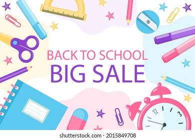 Back to school background. Welcome kids template. Education banner, poster design. Student art. Study day concept. School, preschool supplies items. Discounts on september 1st. Vector illustration.