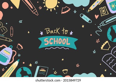 Back to school background. Welcome kids template. Education banner, poster design. Student art. Study day concept. School, preschool supplies items. Discounts on september 1st. Vector illustration.