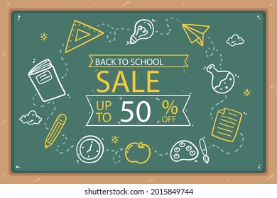 Back to school background. Welcome kids template. Education banner, poster design. Student art. Study day concept. School, preschool supplies items. Discounts on september 1st. Vector illustration.