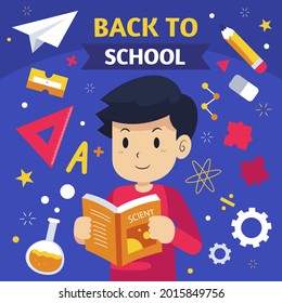 Back to school background. Welcome kids template. Education banner, poster design. Student art. Study day concept. School, preschool supplies items. Discounts on september 1st. Vector illustration.