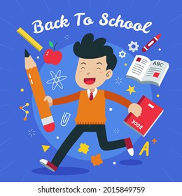 De vuelta a la escuela. Plantilla de bienvenida para niños. Cartel educativo, diseño de afiches. Arte estudiantil. Concepto del día de estudio. Escuelas, preescolares proveen artículos. Descuentos a 1 de septiembre. Ilustración vectorial.
