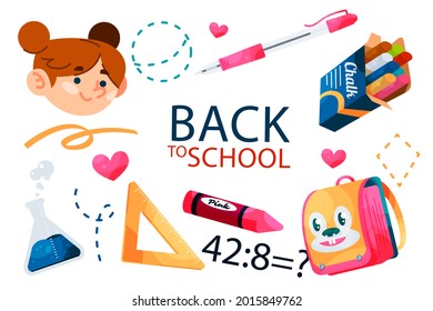 Back to school background. Welcome kids template. Education banner, poster design. Student art. Study day concept. School, preschool supplies items. Discounts on september 1st. Vector illustration.