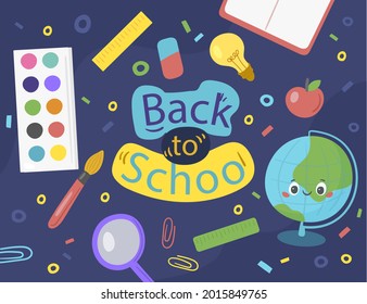 Back to school background. Welcome kids template. Education banner, poster design. Student art. Study day concept. School, preschool supplies items. Discounts on september 1st. Vector illustration.