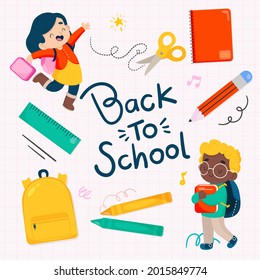 Back to school background. Welcome kids template. Education banner, poster design. Student art. Study day concept. School, preschool supplies items. Discounts on september 1st. Vector illustration.
