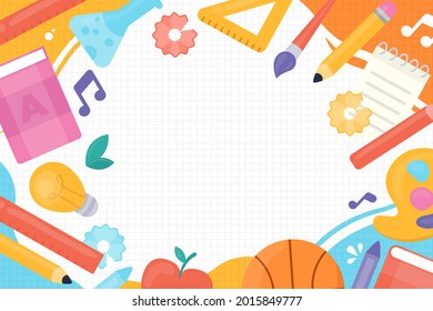 Back to school background. Welcome kids template. Education banner, poster design. Student art. Study day concept. School, preschool supplies items. Discounts on september 1st. Vector illustration.