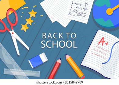 Back to school background. Welcome kids template. Education banner, poster design. Student art. Study day concept. School, preschool supplies items. Discounts on september 1st. Vector illustration.