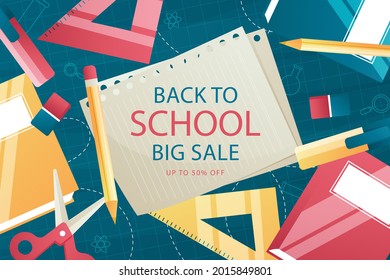 Back to school background. Welcome kids template. Education banner, poster design. Student art. Study day concept. School, preschool supplies items. Discounts on september 1st. Vector illustration.