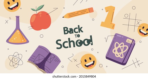 Back to school background. Welcome kids template. Education banner, poster design. Student art. Study day concept. School, preschool supplies items. Discounts on september 1st. Vector illustration.