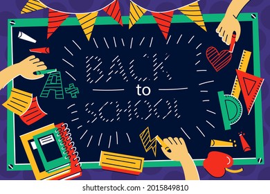 Back to school background. Welcome kids template. Education banner, poster design. Student art. Study day concept. School, preschool supplies items. Discounts on september 1st. Vector illustration.