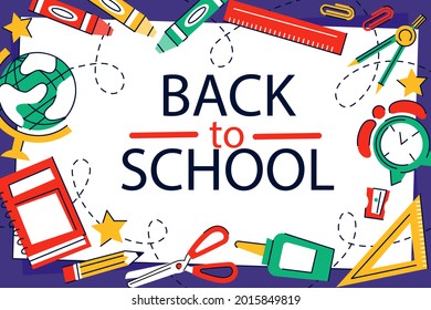 Back to school background. Welcome kids template. Education banner, poster design. Student art. Study day concept. School, preschool supplies items. Discounts on september 1st. Vector illustration.