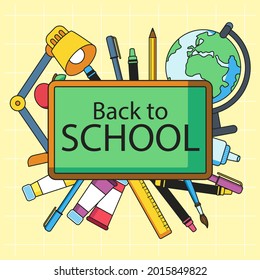 Back to school background. Welcome kids template. Education banner, poster design. Student art. Study day concept. School, preschool supplies items. Discounts on september 1st. Vector illustration.