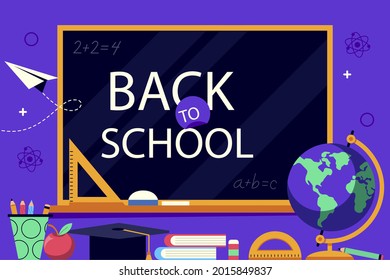 Back to school background. Welcome kids template. Education banner, poster design. Student art. Study day concept. School, preschool supplies items. Discounts on september 1st. Vector illustration.