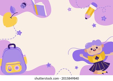 Back to school background. Welcome kids template. Education banner, poster design. Student art. Study day concept. School, preschool supplies items. Discounts on september 1st. Vector illustration.