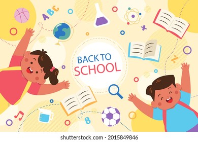 Back to school background. Welcome kids template. Education banner, poster design. Student art. Study day concept. School, preschool supplies items. Discounts on september 1st. Vector illustration.