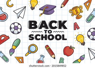 Back to school background. Welcome kids template. Education banner, poster design. Student art. Study day concept. School, preschool supplies items. Discounts on september 1st. Vector illustration.