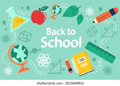 Back to school background. Welcome kids template. Education banner, poster design. Student art. Study day concept. School, preschool supplies items. Discounts on september 1st. Vector illustration.