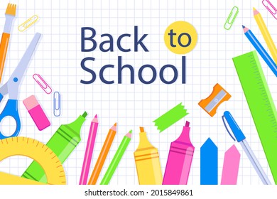 Back to school background. Welcome kids template. Education banner, poster design. Student art. Study day concept. School, preschool supplies items. Discounts on september 1st. Vector illustration.