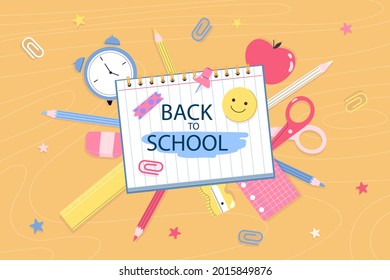 De vuelta a la escuela. Plantilla de bienvenida para niños. Cartel educativo, diseño de afiches. Arte estudiantil. Concepto del día de estudio. Escuelas, preescolares proveen artículos. Descuentos a 1 de septiembre. Ilustración vectorial.