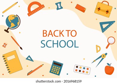 Back to school background. Welcome kids template. Education banner, poster design. Student art. Study day concept. School, preschool supplies items. Discounts on september 1st. Vector illustration.