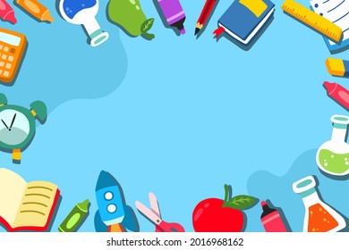 Back to school background. Welcome kids template. Education banner, poster design. Student art. Study day concept. School, preschool supplies items. Discounts on september 1st. Vector illustration.